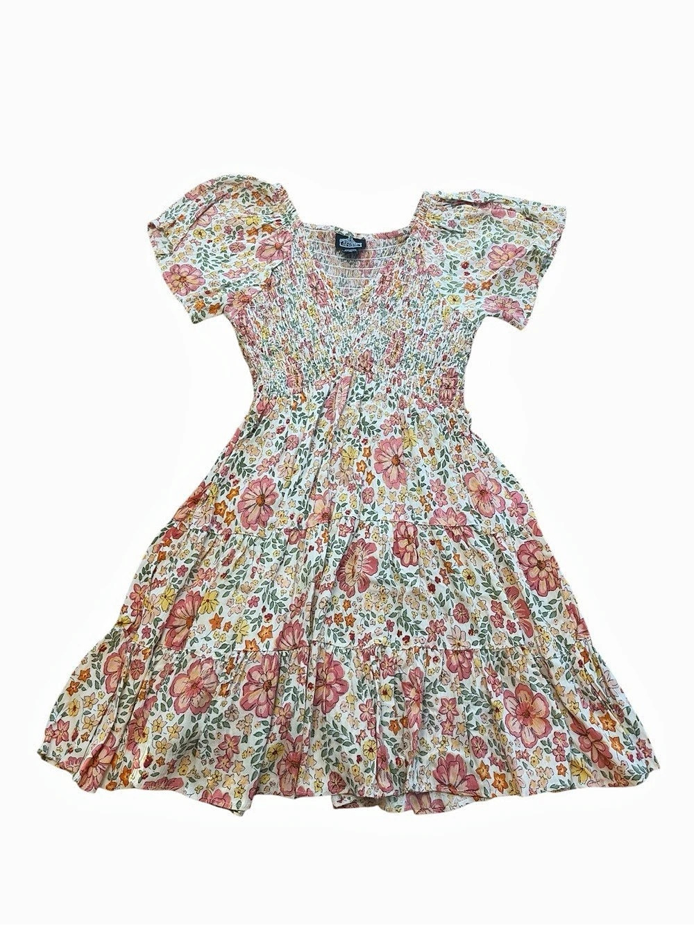 Angie Floral Mini Dress Size Large NWT Smocked Tiered Boho Short Sleeve Rayon